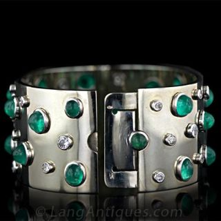 Wide Emerald and  Diamond Cuff Bracelet