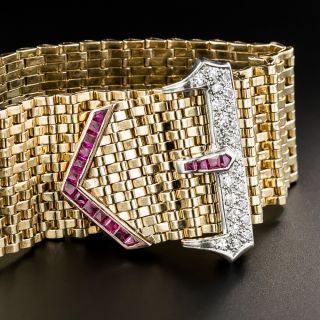 Wide Retro Diamond Calibre Ruby Buckle Bracelet - 2