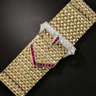Wide Retro Diamond Calibre Ruby Buckle Bracelet