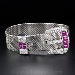 Wide Retro Ruby and Diamond Buckle Bracelet