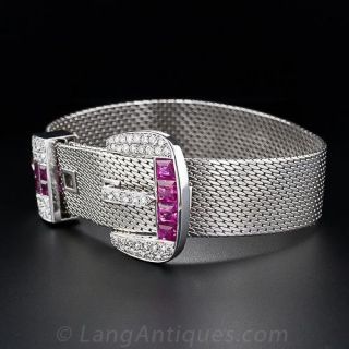 Wide Retro Ruby and Diamond Buckle Bracelet