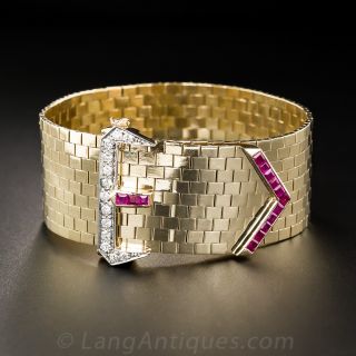 Wide Retro Yellow Gold Ruby and Diamond Buckle Bracelet