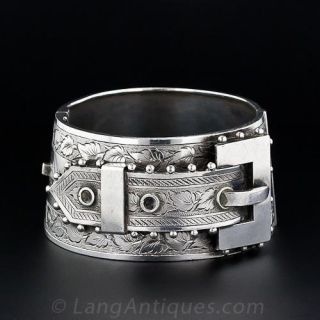 Wide Sterling Silver Belt Motif Cuff Bracelet - 1
