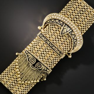 Wide Victorian Style Gold Buckle Tassel Bracelet  - 2