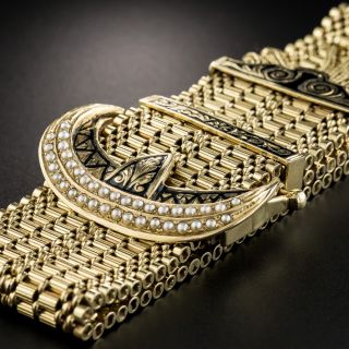Wide Victorian Style Gold Buckle Tassel Bracelet 
