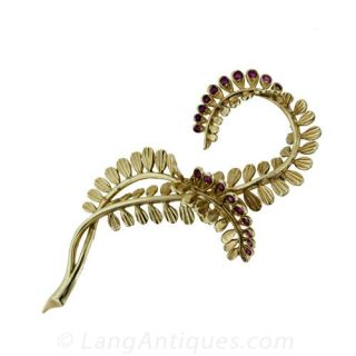 Yellow Gold and Ruby Fern Pin Main View