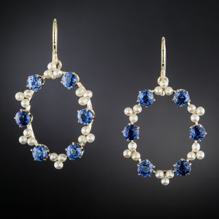Yogo Sapphire and Natural Pearl Dangle Earrings, Circa 1900  - GIA - 3