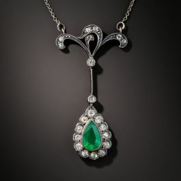 Antique Brazilian Emerald and Diamond Pendant Necklace