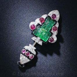 Art Deco Carved Emerald Ruby Diamond and Enamel Jabot Pin