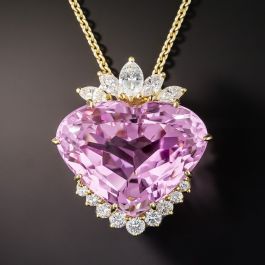 Fine 62.27 Carat Heart Shaped Kunzite and Diamond Pendant