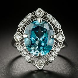 Large Edwardian 9.85 Carat Blue Zircon and Diamond Ring