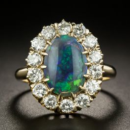 Mid-Century Black Opal and Diamond Cluster Ring