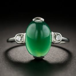 Swedish Art Deco Green Chalcedony Platinum Diamond Ring
