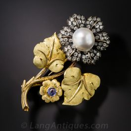 Estate Jewelry Buccellati 18K Yellow Gold Sapphire & Diamonds Flower Brooch - Estate Jewelry 