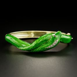 Antique green enamel leaves flowers silver bangle bracelet