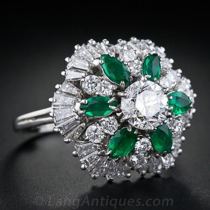 1.05 Carat Center Diamond, Emerald and Diamond Cocktail Ring