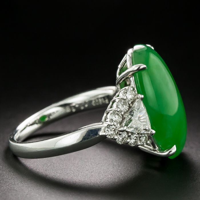 11.18 Carat Natural Jade and Trillion Cut Diamond Ring - GIA