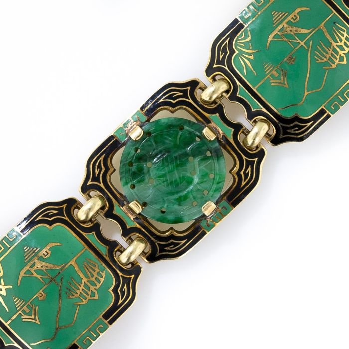 Art Deco Natural Burma Jade and Enamel Art Deco Bracelet