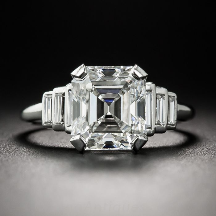 3.14 Carat Asscher Cut Diamond Art Deco Ring GIA H VS1
