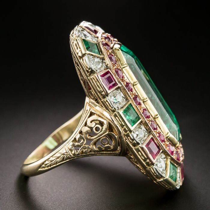 Antique Carat Emerald, Ruby and Diamond Ring GIA