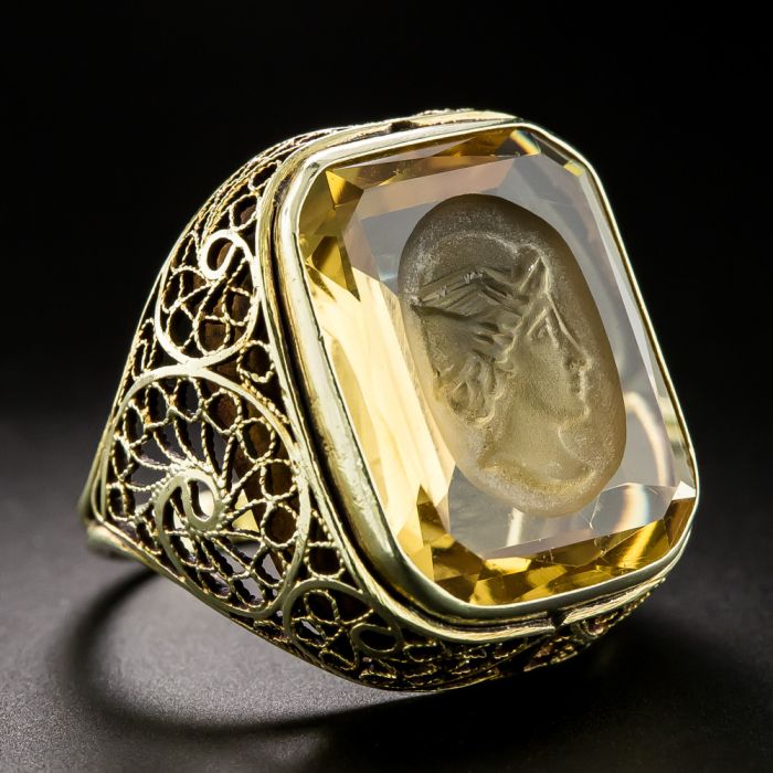Antique Citrine Hermes Intaglio Filigree Ring