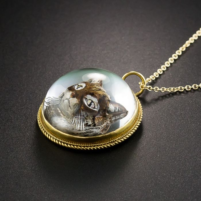 Antique Reverse Crystal Cat Pendant