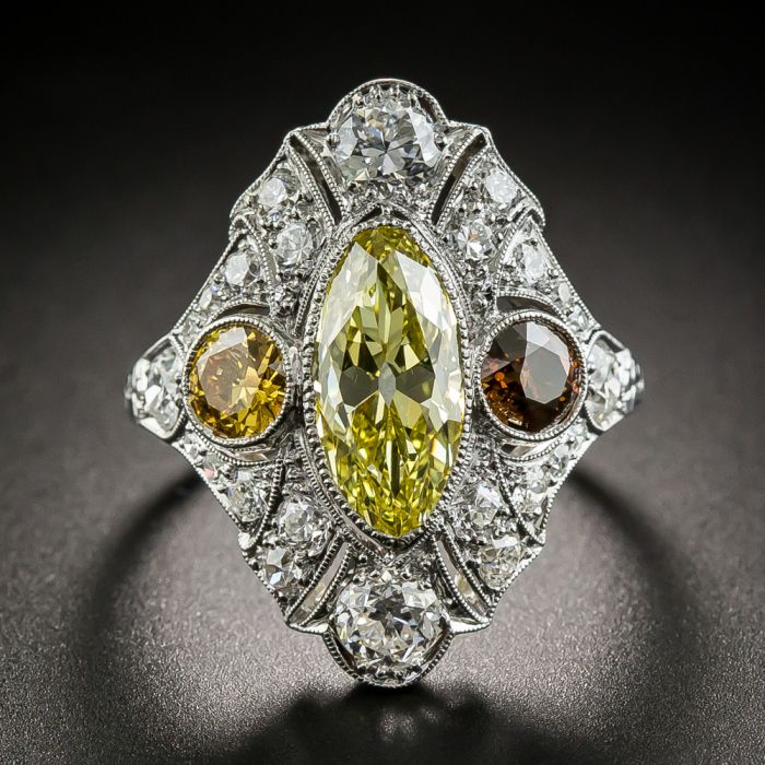 Art Deco Carat Fancy Intense Yellow Moval Diamond Ring GIA