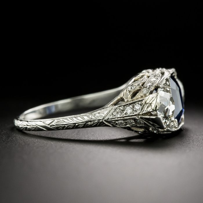 Art Deco Carat Sapphire and Diamond Three-Stone Ring GIA