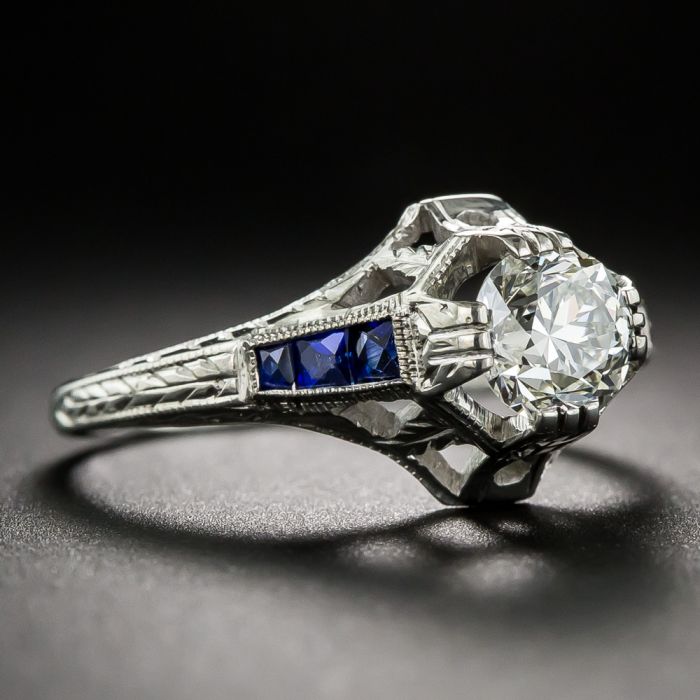 Art Deco Carat Diamond and Sapphire* Engagement Ring by Belais