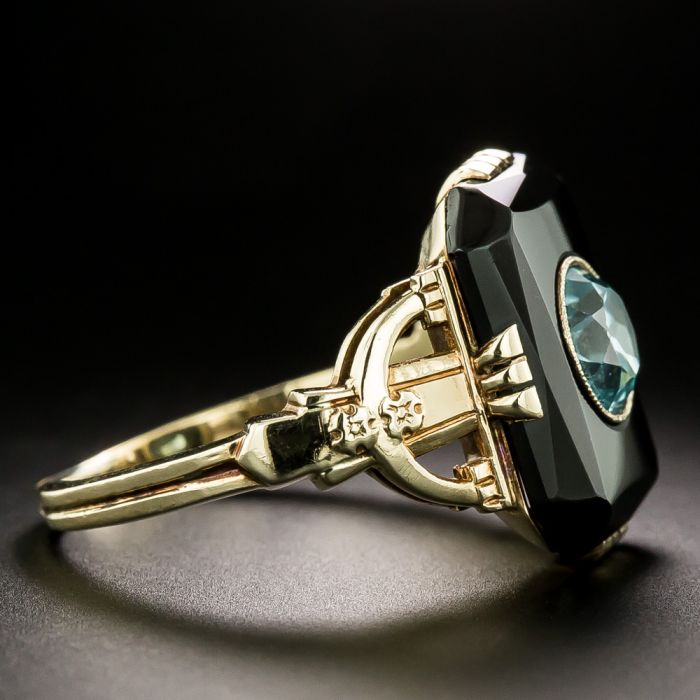 Art Deco Blue Zircon And Onyx Ring