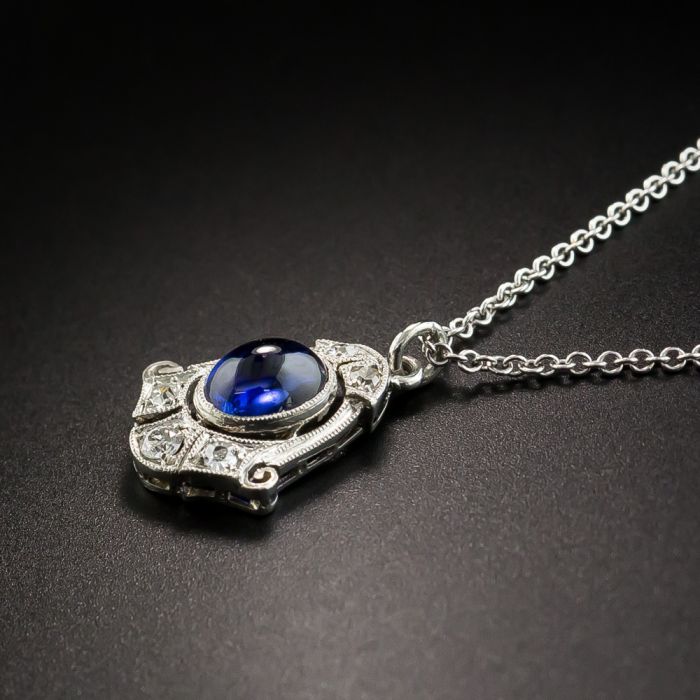 Art Deco Cabochon Sapphire and Diamond Pendant
