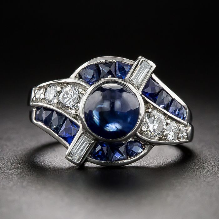 Art Deco Cabochon Sapphire and Diamond Ring
