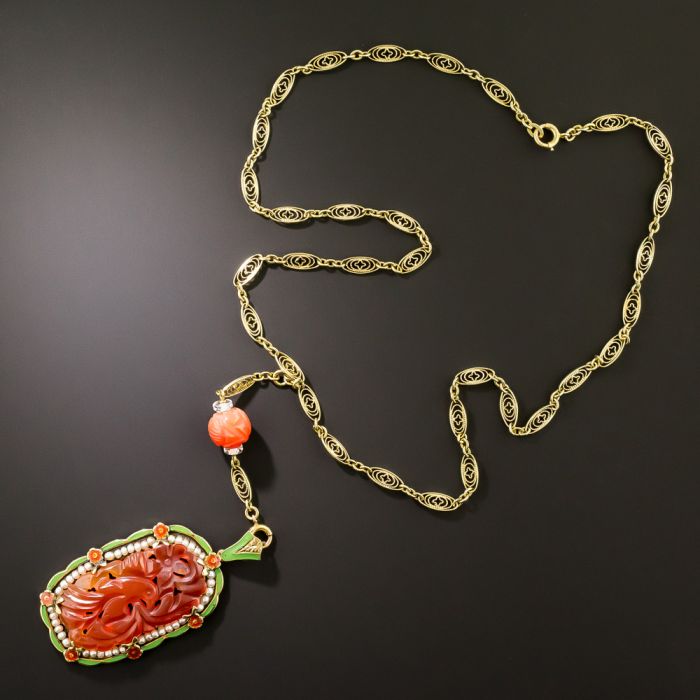 Art Deco Carnelian, Seed Pearl and Enamel Necklace Antique