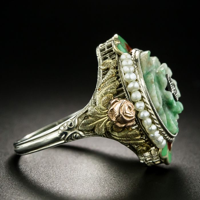 Art Deco Carved Jade and Diamond Flower Ring by F.W. Weaver Art Deco Carved Jade and Diamond Flower Ring by F.W. Weaver