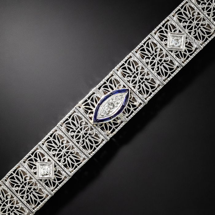 Art Deco Diamond and Sapphire* Wide Filigree Bracelet