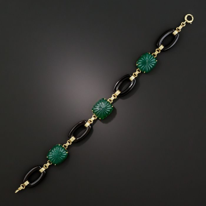 Art Deco Green Chalcedony and Black Onyx Link Bracelet