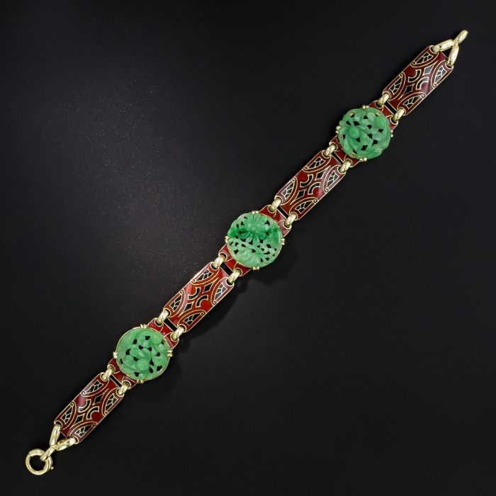 Art Deco Natural Carved Burmese Jade and Enamel Bracelet