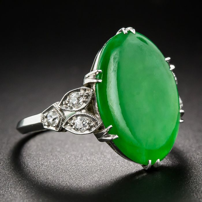 Art Deco Natural Jade Platinum Diamond Ring