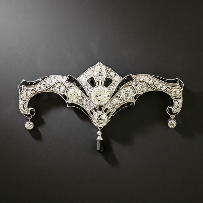Broche Revers Art Déco Années 30 - Argent 925, Onyx Noir Et CZ Blanc, Fait Main
