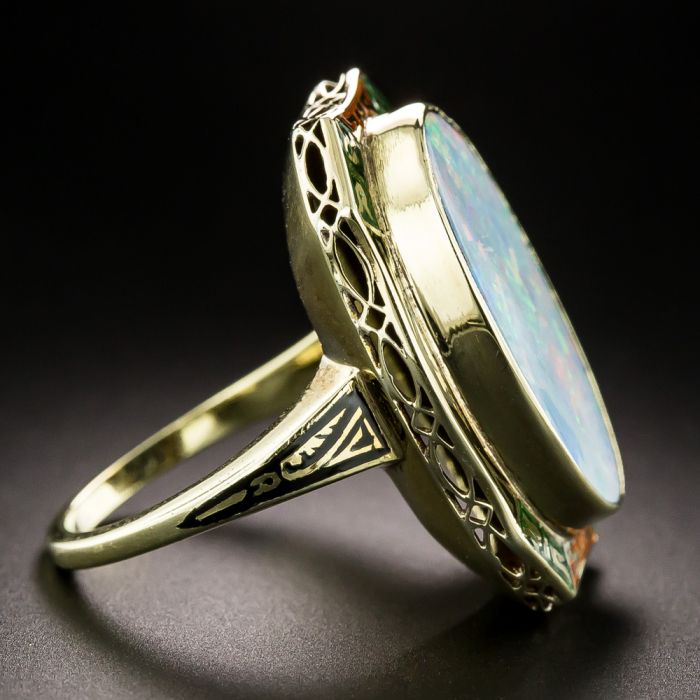 Art Deco Opal and Enamel Ring, Size 5