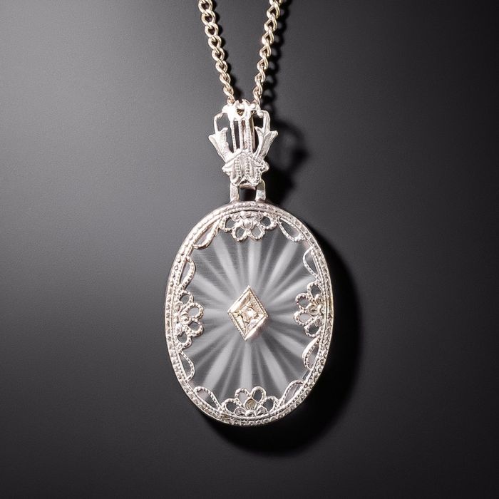 Pendentif Vintage Art Déco 1925 - Médaillon Délicat En Verre Argenté - Moins De 30 Cm