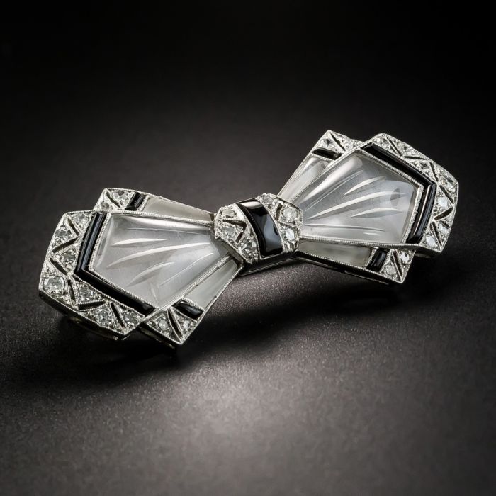 Art Deco Rock Crystal Black Enamel and Diamond Bow Tie Pin