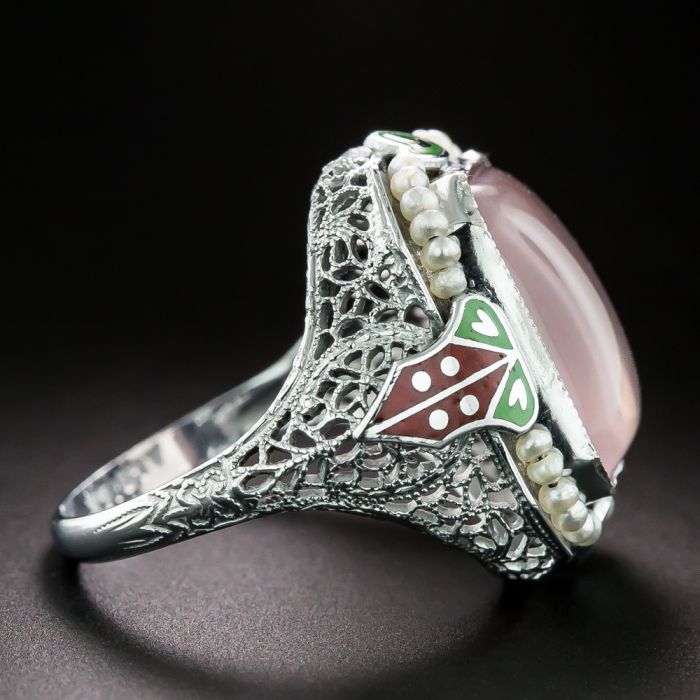 Art Deco Rose Quartz and Pearl Enamel Filigree Ring by Arnold