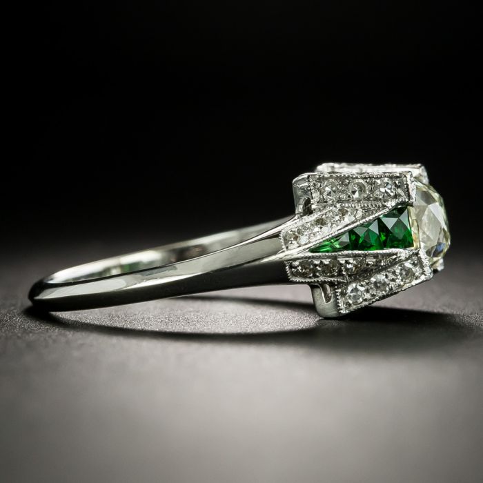 Art Deco Style 1.00 Carat Old Mine-Cut Diamond Ring with Tsavorite