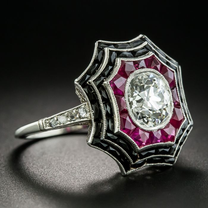 Vintage Vancaro offers SolitairenSynthetic Ruby Titanium Steel Black Wed/eng Ring