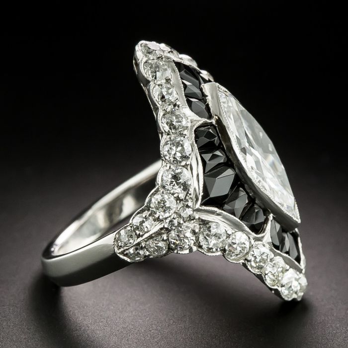 Art Deco Style 2.22 Carat Marquise Cut Diamond and Onyx Ring GIA D I1 Size 8 1 2