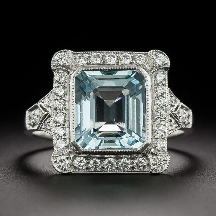 Art Deco-Style Aquamarine and Diamond Ring