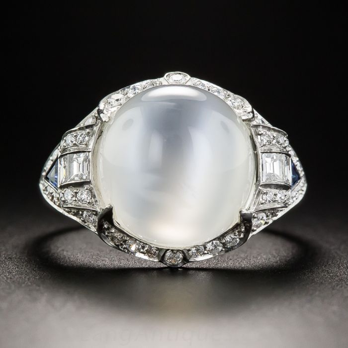 Art Deco Style Cat's-Eye Moonstone and Diamond Ring in Platinum