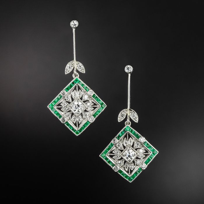 Art Deco Style Diamond and Emerald Drop Earrings