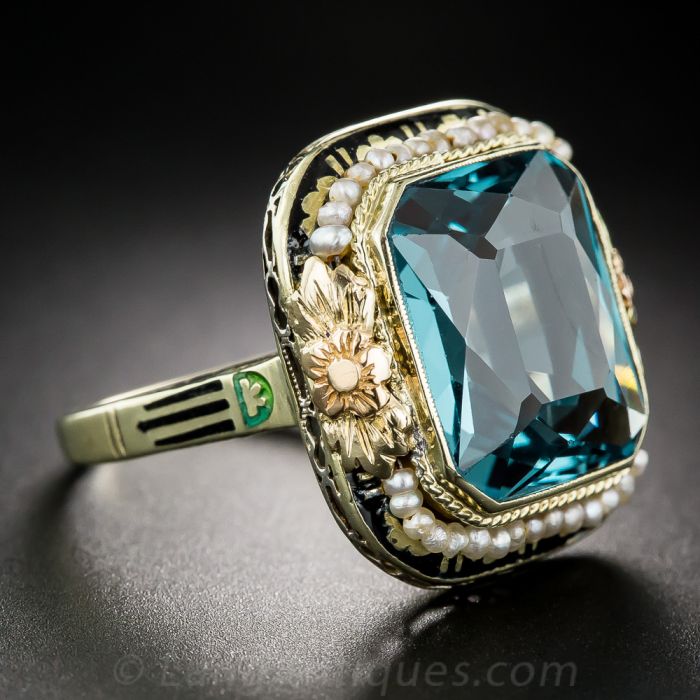 Art Deco Synthetic Spinel, Enamel and Seed Pearl Ring